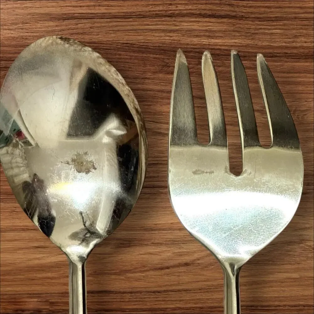 Vintage Serving Spoon & Fork Set Gold Tone Brass Handles MCM Hollywood Regency